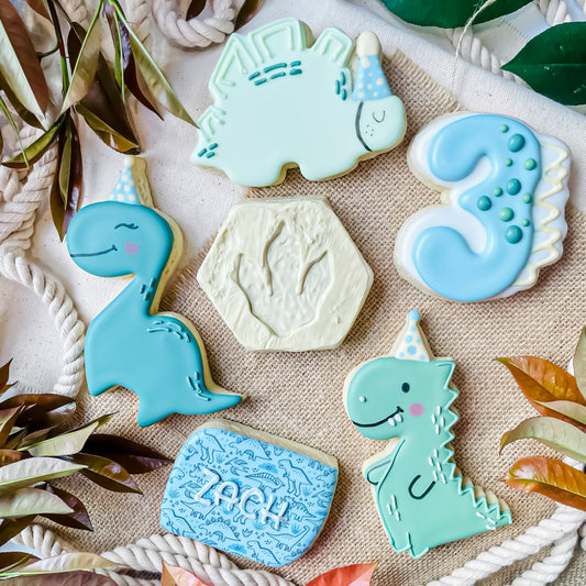 sugar cookies decorated with various dinosaurs