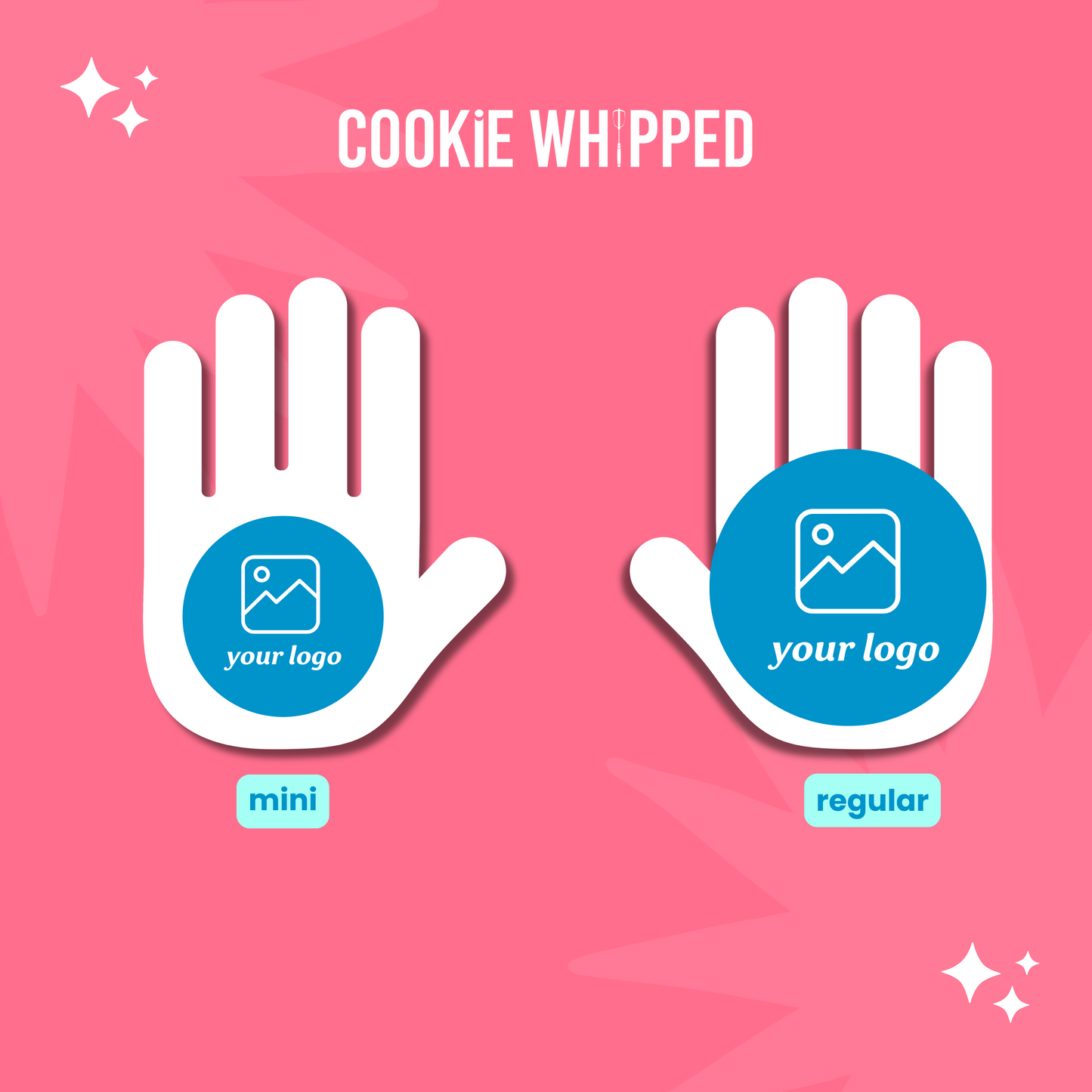 Two white hand-shaped cookies with blue centers on a pink background, branded 'Cookie Whipped'.