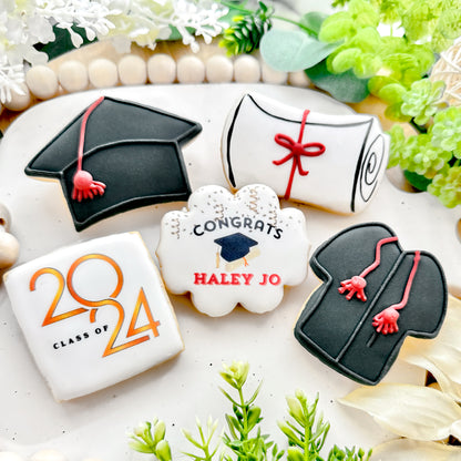 Class of 2024 graduation cookie set featuring a graduation cap, diploma, customizable 'Congrats Haley Jo' cookie, and class of 2024 square cookie, decorated in black, red, and white
